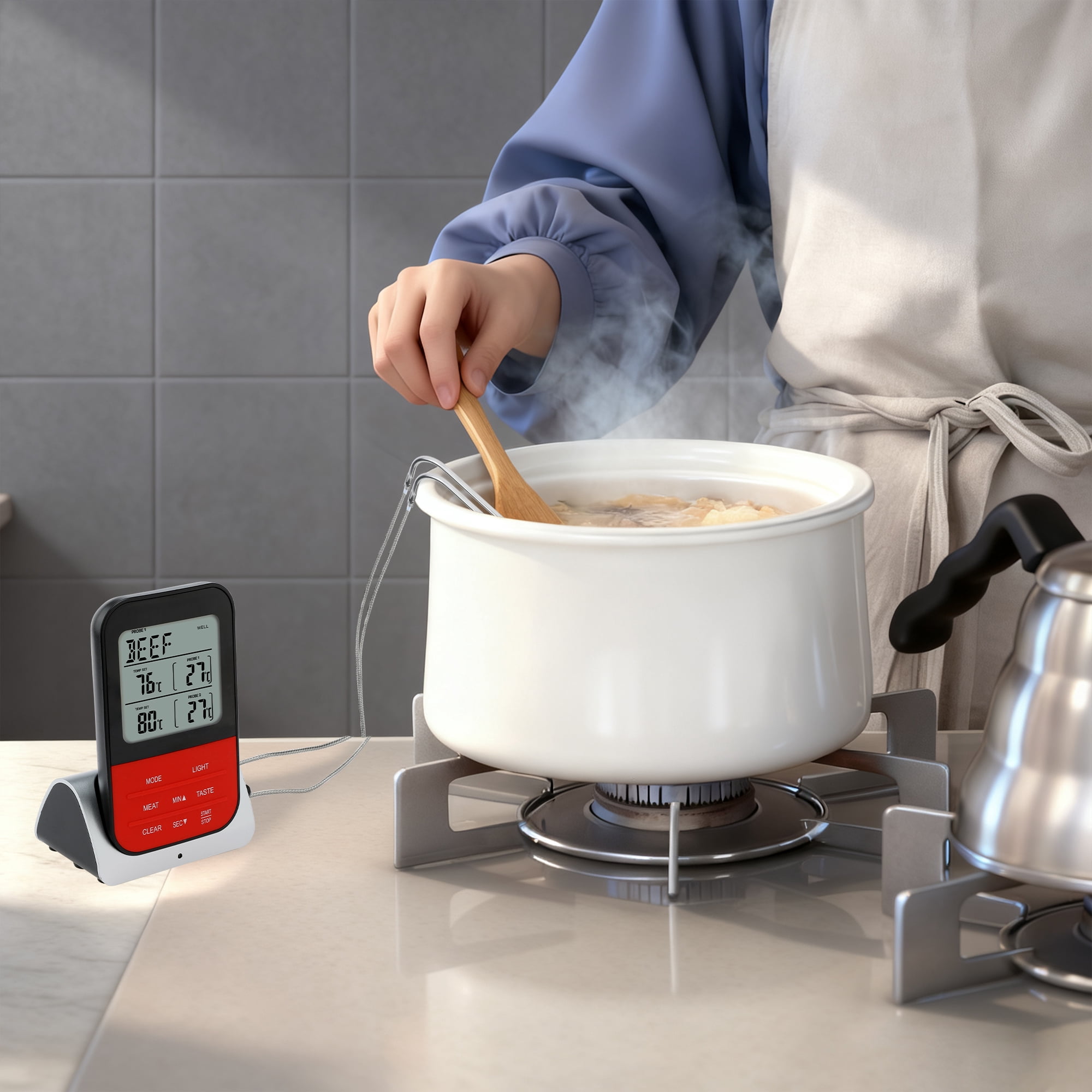 Unique Bargains Digital Meat Thermometer with 2 Probes and LCD Silver Curved Needle
