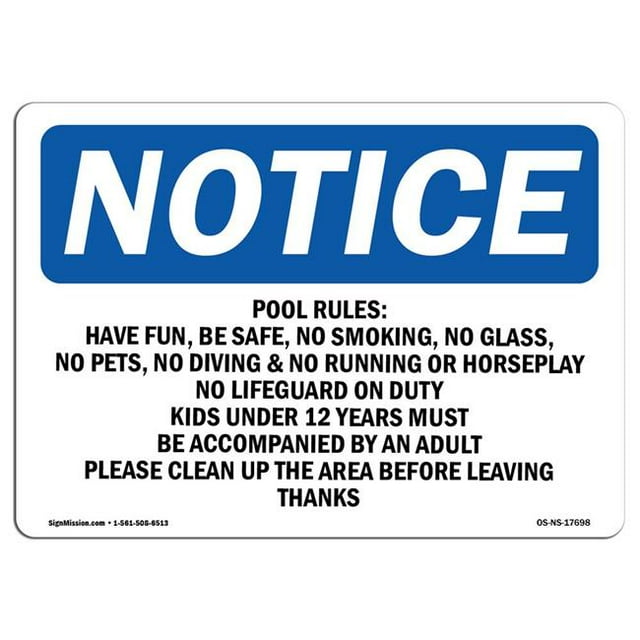 SignMission OS-NS-A-1824-L-17698 18 x 24 in. OSHA Notice Sign - Pool Rules No Running, No Rough Play