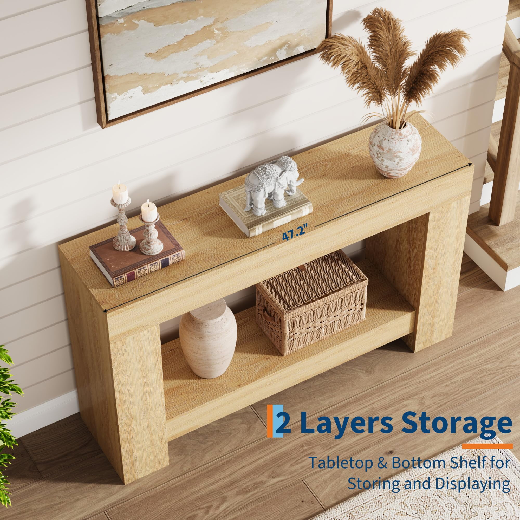 Farmhouse Console Table for Entryway – 2-Tier Wooden Sofa Table with Storage – Long Hallway Table – Durable Dining Room Accent –Wood Color 1.2 Meters