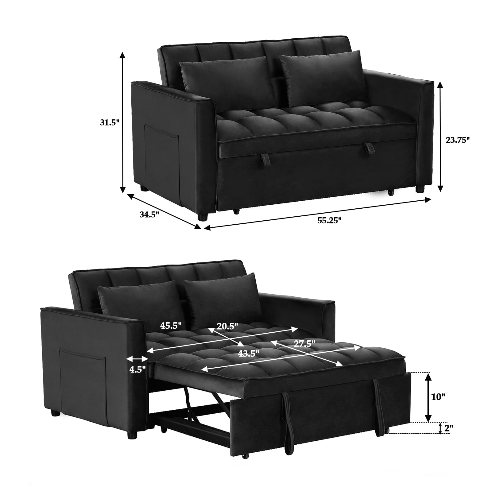 Bonzy Home Convertible Velvet Loveseat Sofa Bed with Adjustable Backrest, Black