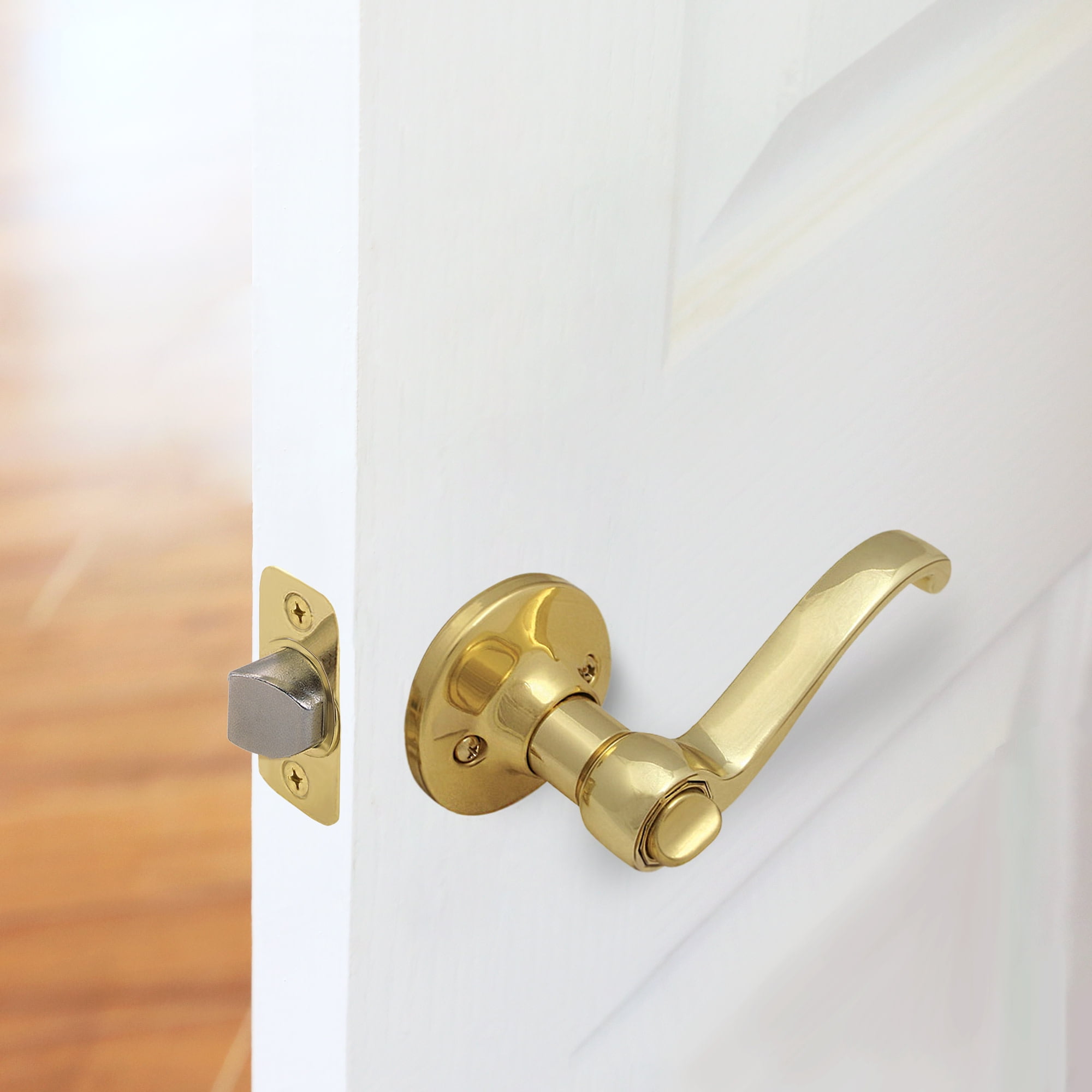 Design House Scroll Universal Privacy 2-Way Latch Interior Bed and Bath Door Lever, Polished Brass