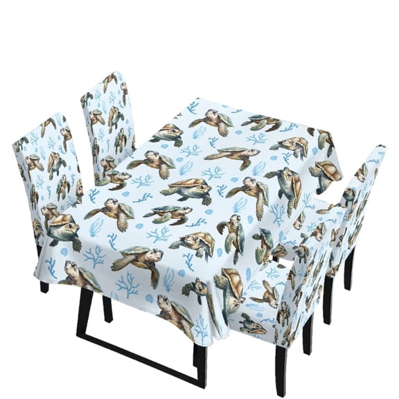 TSOVTHRID Sea Turtle Coral Print 5 Pcs Table Cloth with Dining Chair Slipcovers Set Rectangle Tablecloth Stretchable Chair Protector Cover Home Kitchen Dining Room Decor