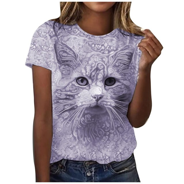 Pompotops Women's Fashion Printing Round Neck Loose Short Sleeve T Shirt Pullover Tops Blouse