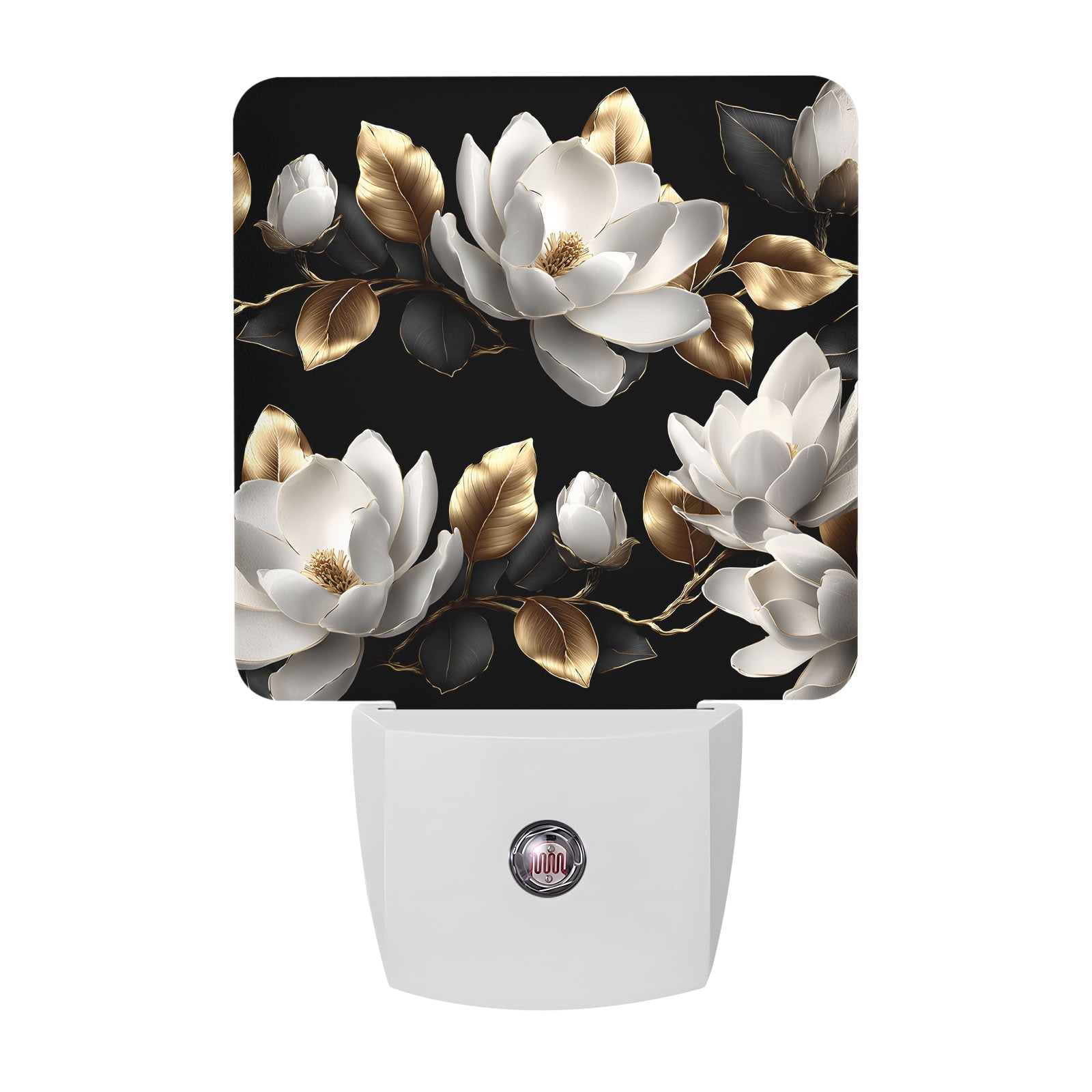 Magnolia Blossoms Night Lights, Vintage White Floral Gold Black Leaf Smart Auto Dusk to Dawn Sensor Nightlights Plug-in Nightlight for Bedroom Bathroom Living Room Kitchen Hallway