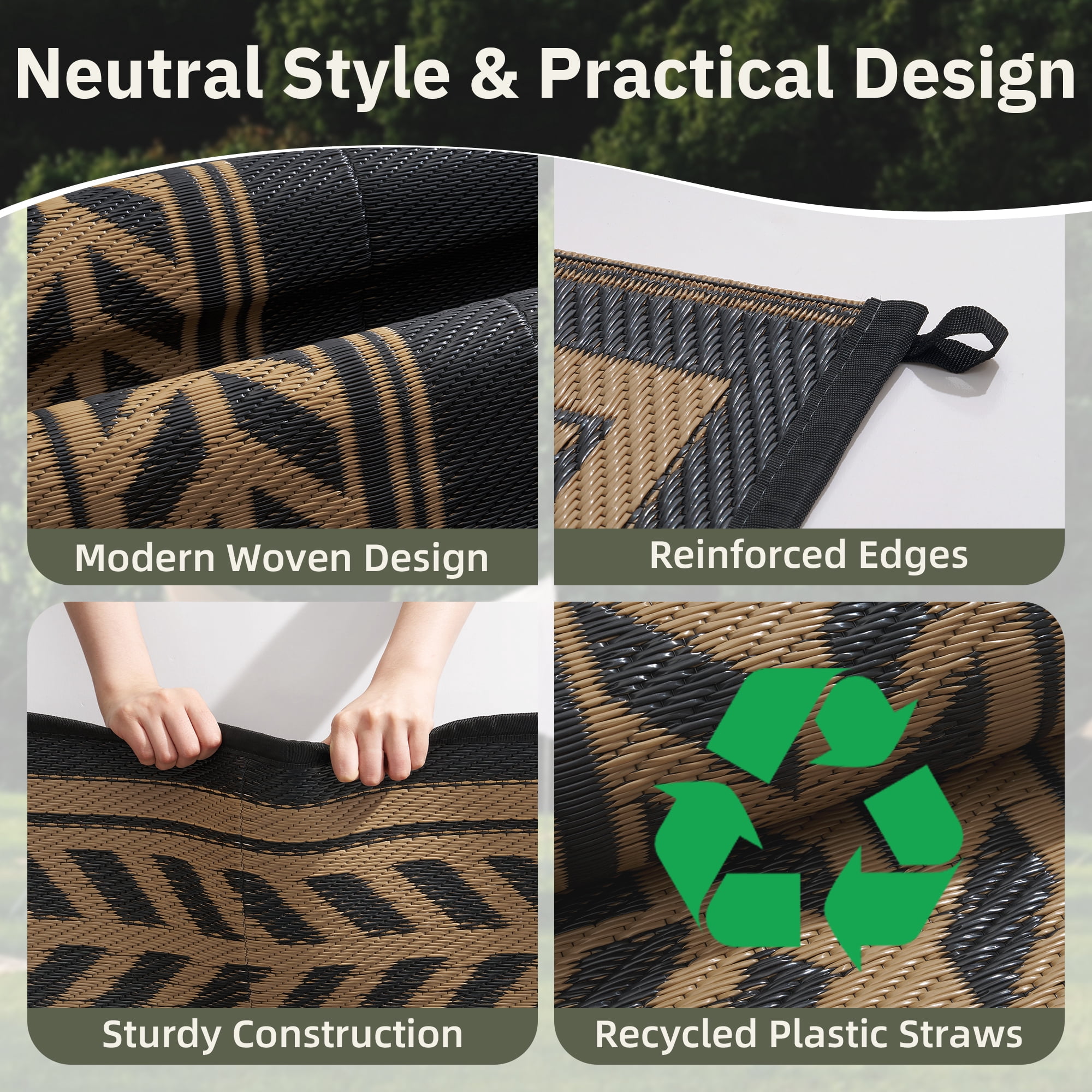 SIXHOME Outdoor Rug 5'x8' Waterproof Reversible Patio Rug Boho Geometric Indoor Outdoor Rugs Lightweight Plastic Straw Ourdoor Carpet for RV Camping Deck Balcony Modern Porch Decor Black and Brown