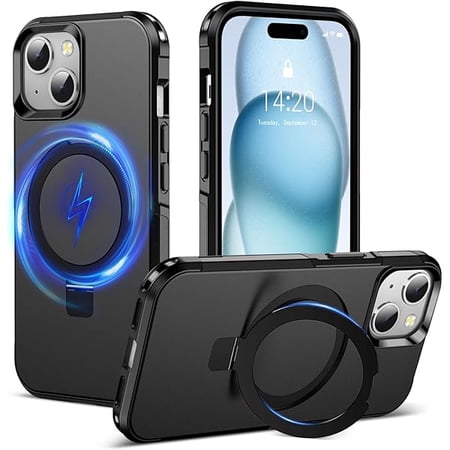 YJJSKEJI for iPhone 15 Case, [Magnetic Stand] [12 FT Military Grade Drop Protection] Full Body Shockproof Phone Cover 6.1''-Black
