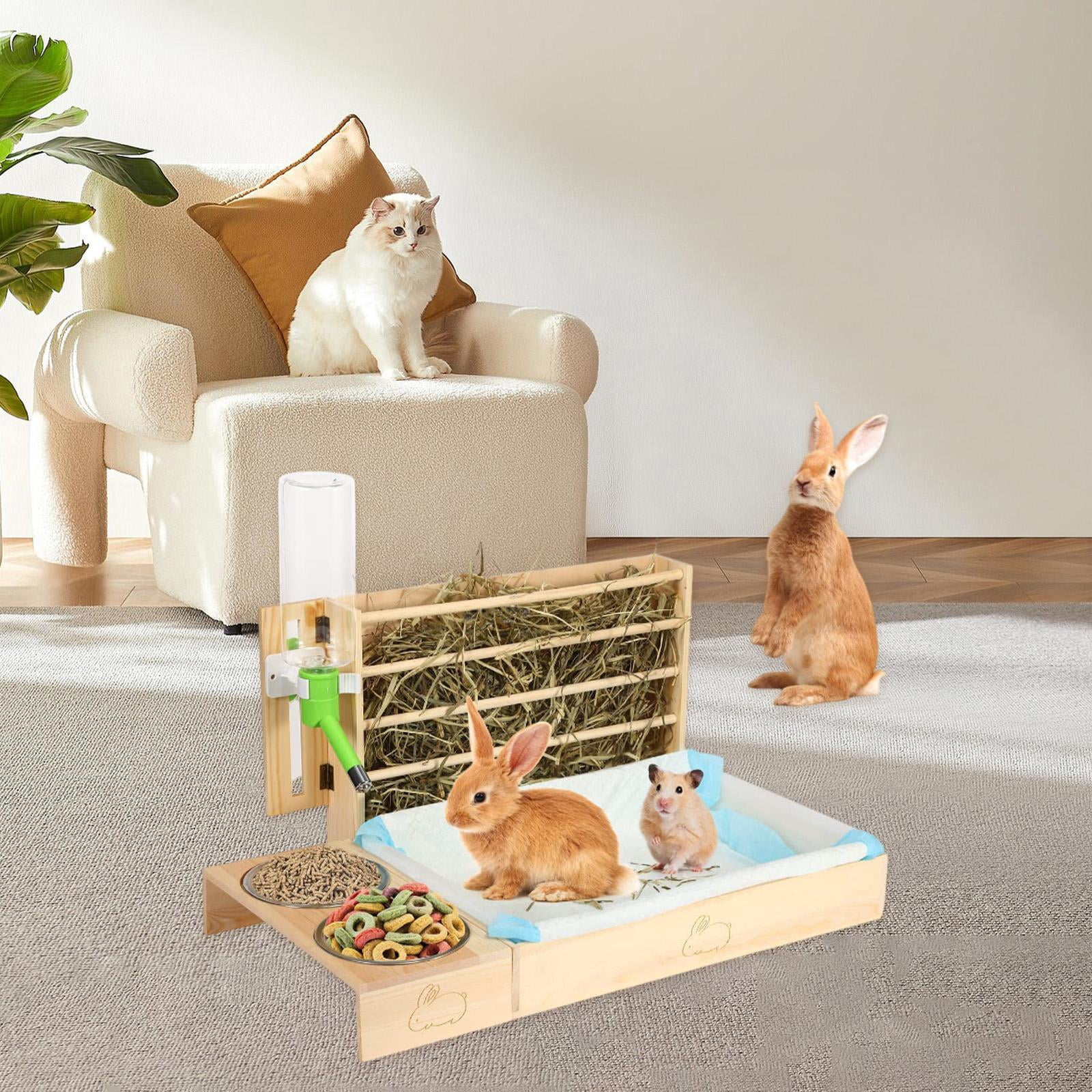 balikha Wooden Bunny Hay Feeder with Litter Tray Bunny Hay Holder Feeding Manger Guinea Pig Hay Holder for Ferret Chinchillas Dwarf