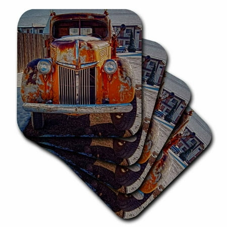 Casters Antique - 3dRose Artistic winter scene with antique Orange Truck, Soft Coasters, set of 4