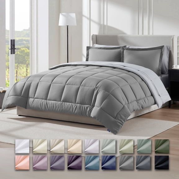 Virtu Queen Comforter Set, 7 Piece Bed in a Bag, Bedding Comforter Sets with Sheets, Reversible Bedding Sets, Gray