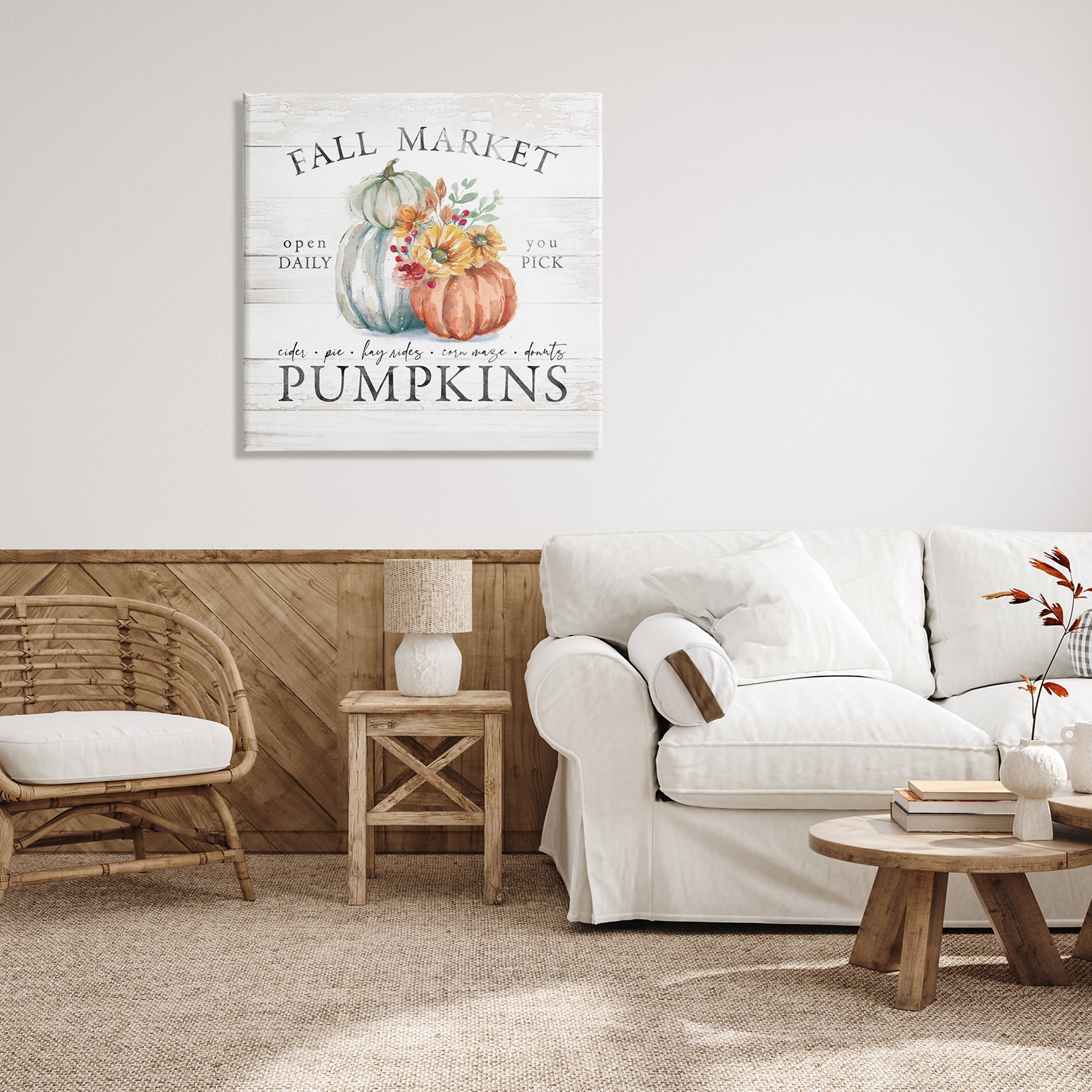 Fall Market Pumpkins Rustic Country Sign Autumn Florals Botanical & Floral Graphic Art Gallery-Wrapped Canvas Print Wall Art