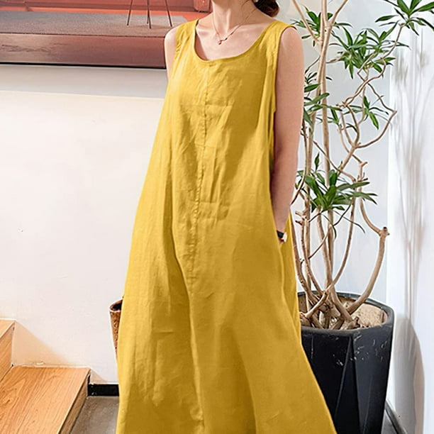Vestido Lino Algodón Vestidos casuales Vestido de lino de algodón con bolsillo Vestidos de playa de talla grande (Amarillo XL) Cgtredaw Para estrenar