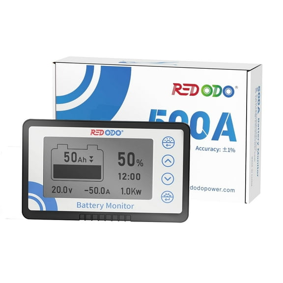 Redodo Battery Monitor with Shunt, Battery Meter Voltage Range 8V-120V and up to 500A, 20ft Shielded Cable, High and Low Voltage Programmable Alarm Compatible with LiFePO4 Battery, Gel, Lead-Acid