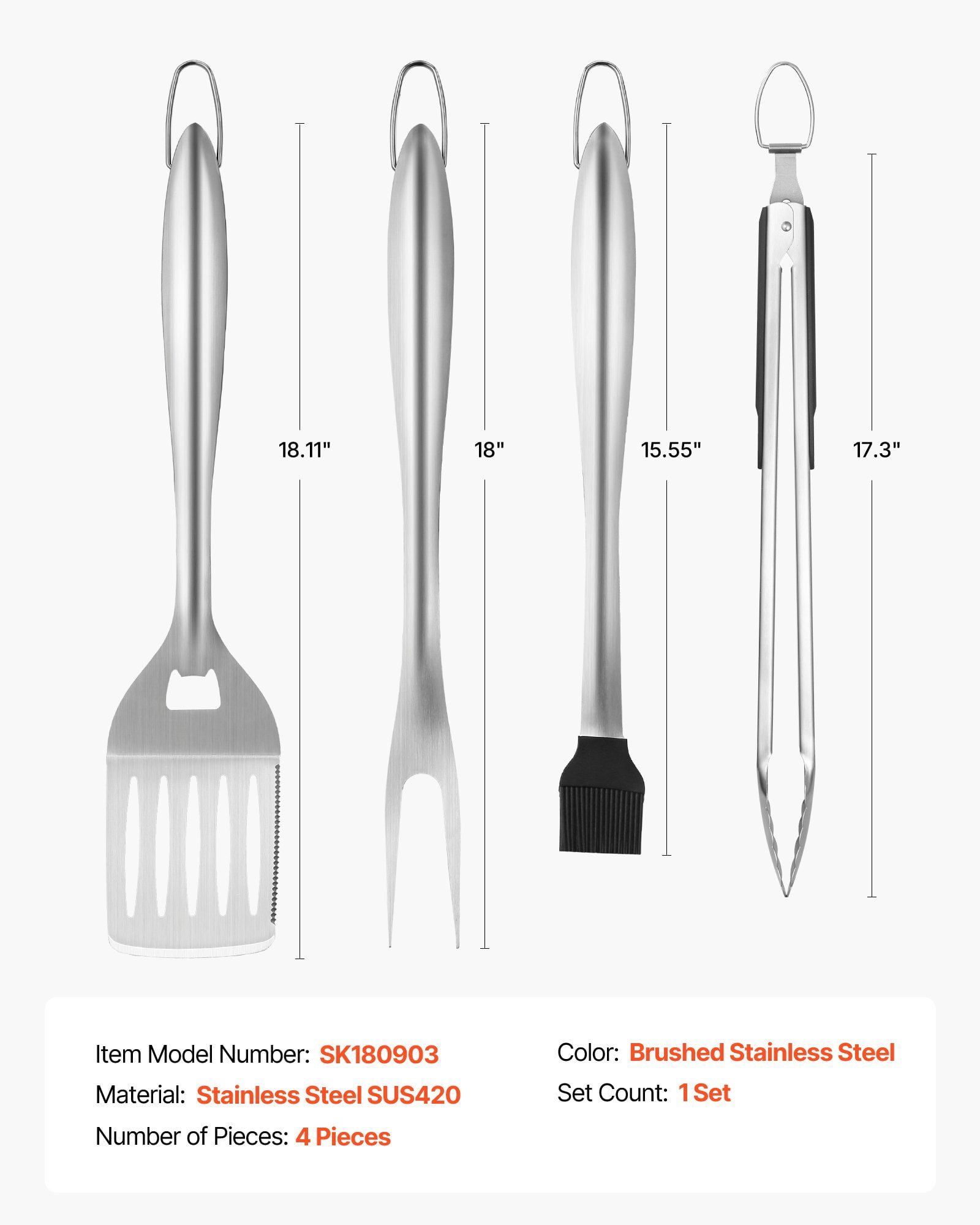 4PCS BBQ Grilling Tool Set Stainless Steel Barbecue Utensils with Spatula, Fork, Tong, and Brush, 3-in-1 Multi-Function Spatula, Dishwasher Safe, Hanging Loop Design, Perfect for Outdoor Cooking