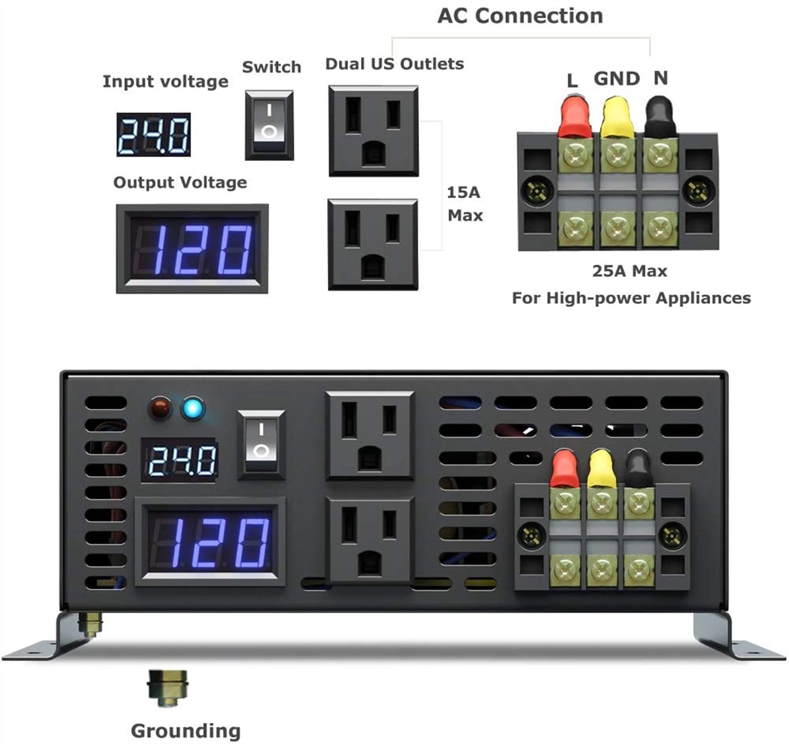 Pure Sine Wave Inverter 3000W 24V DC to AC Solar Panel Inverter Power Bank Generator Converter 12V/36V/48V ,Powerful Output