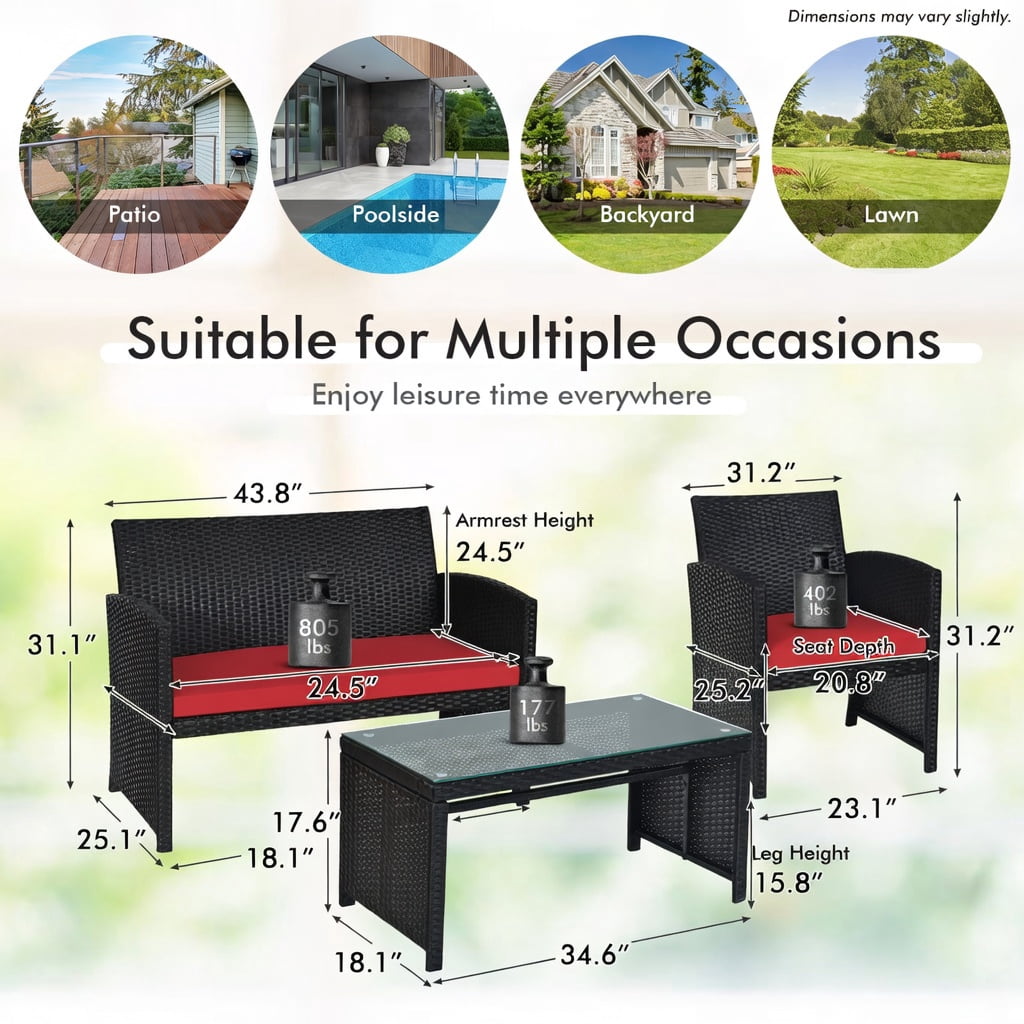 Hommoo 4-Piece PE Rattan Patio Furniture Set with Weatherproof Cushions, Tempered Glass Coffee Table, Loveseat & 2 Single Sofas for Backyard, Balcony, Poolside, Red
