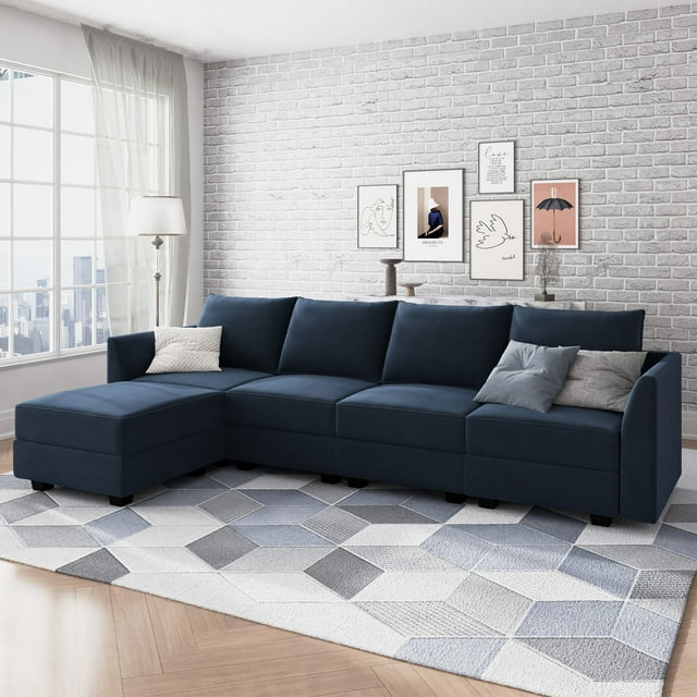 HONBAY Canapé en Velours en Forme de L avec Méridienne Réversible et Pouf de Rangement pour Salon, Bleu Marine