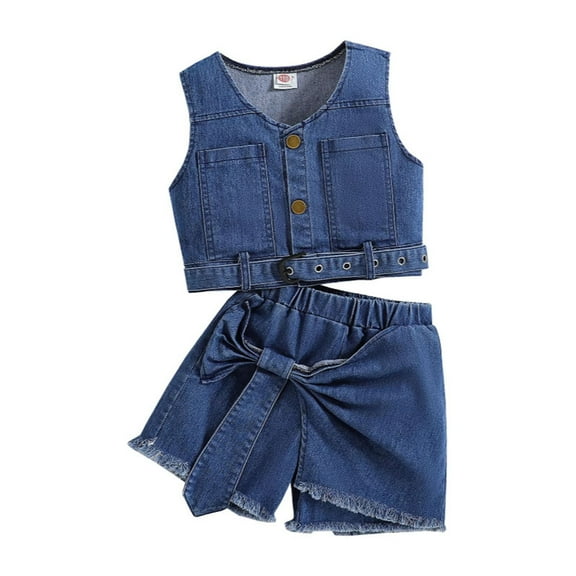 WQQZJJ Girls Clothing Two Piece Summer Denim Outfits V-Neck Sleeveless Pocket Vest Designer Elastic Waist Shorts Set