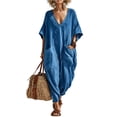 thumbnail image 2 of Womens Jumpsuit Casual 3/4 Sleeve V Neck Loose Long Pants with Pockets Summer Flowy Blue S, 2 of 4