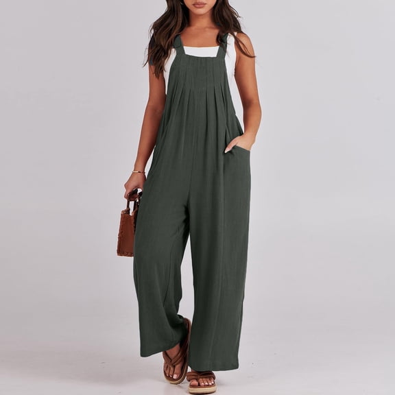 Wide Leg Overalls for Women Loose Fit Casual Sleeveless Linen Jumpsuit Tie Straps Bib Summer Rompers with Pockets Gray S