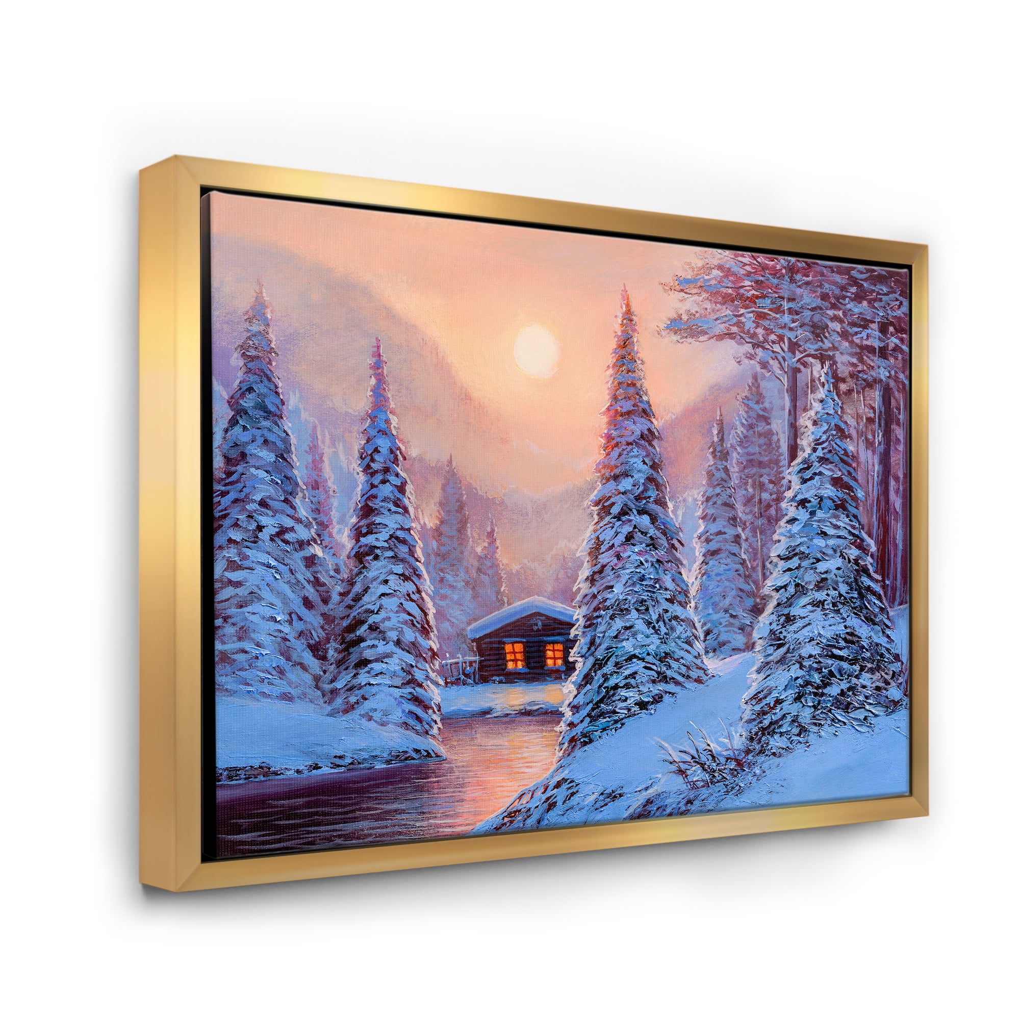 Designart 'The River House In The Woods and Winter Landscape I' Lake House Framed Canvas Wall Art Print