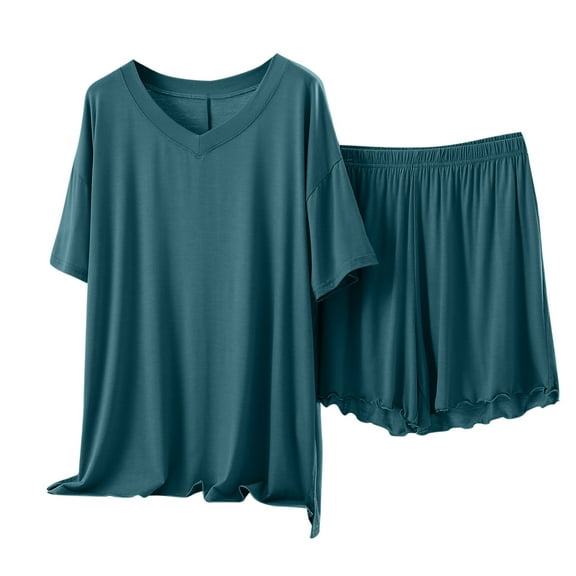 Tnhcen Women's Solid Short Sleeve 2 Piece Pjs Set V Neck Top and Ruffle Shorts Comfy Sleepwear Home Clothes L-XL