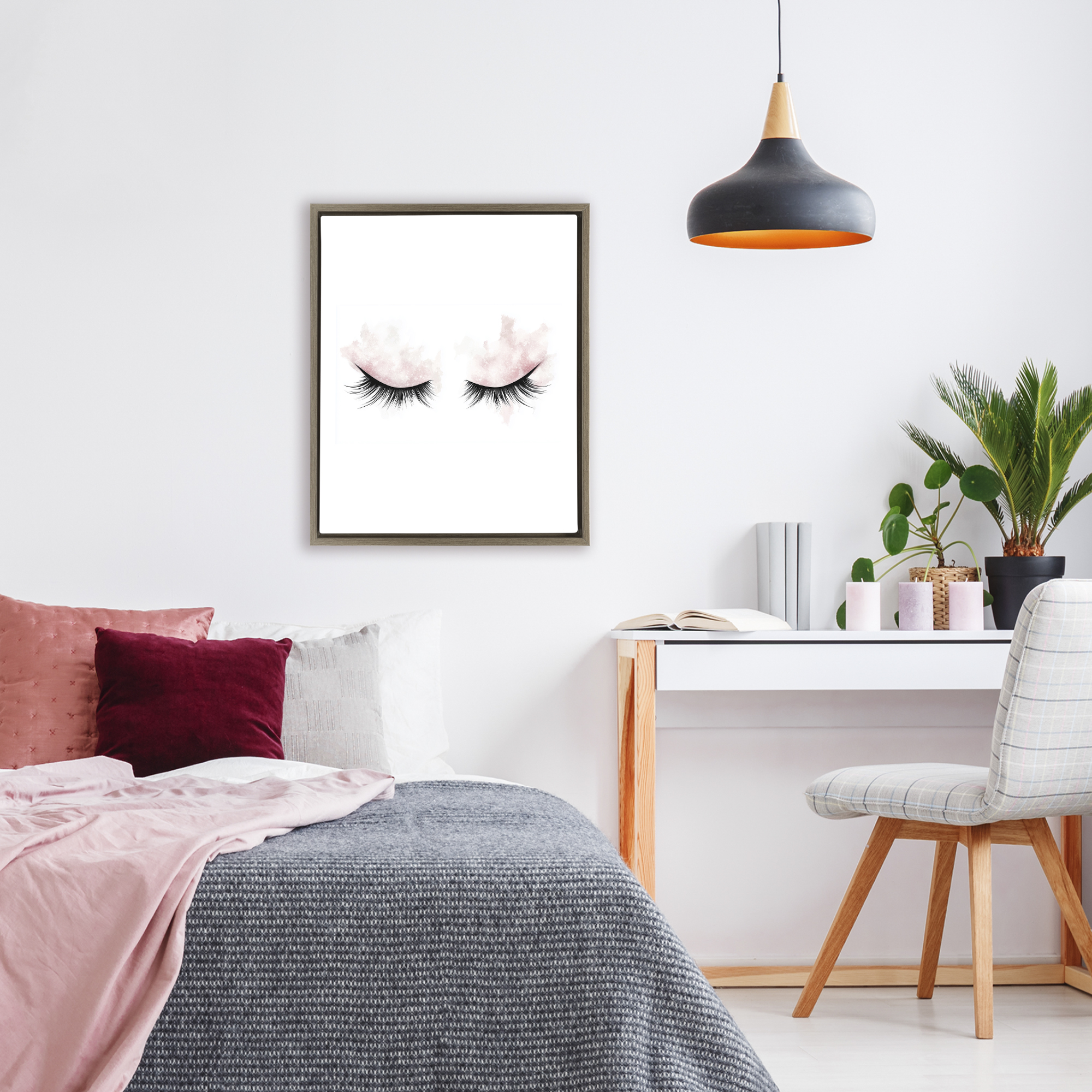 Pastel Pink Makeup & Lashes Brown Framed Floater Canvas Wall Art, design by Christine Simpson Art