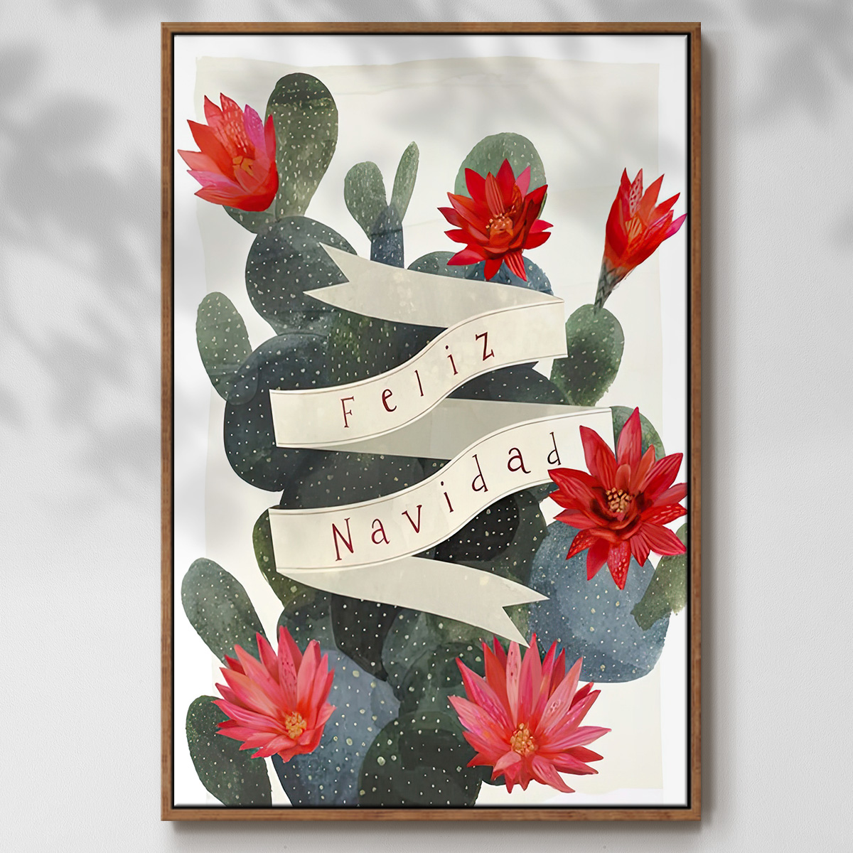 Desert Christmas Cactus I - Framed Gallery Wrapped Holiday Canvas - 25 x 37 - Rosewood Frame