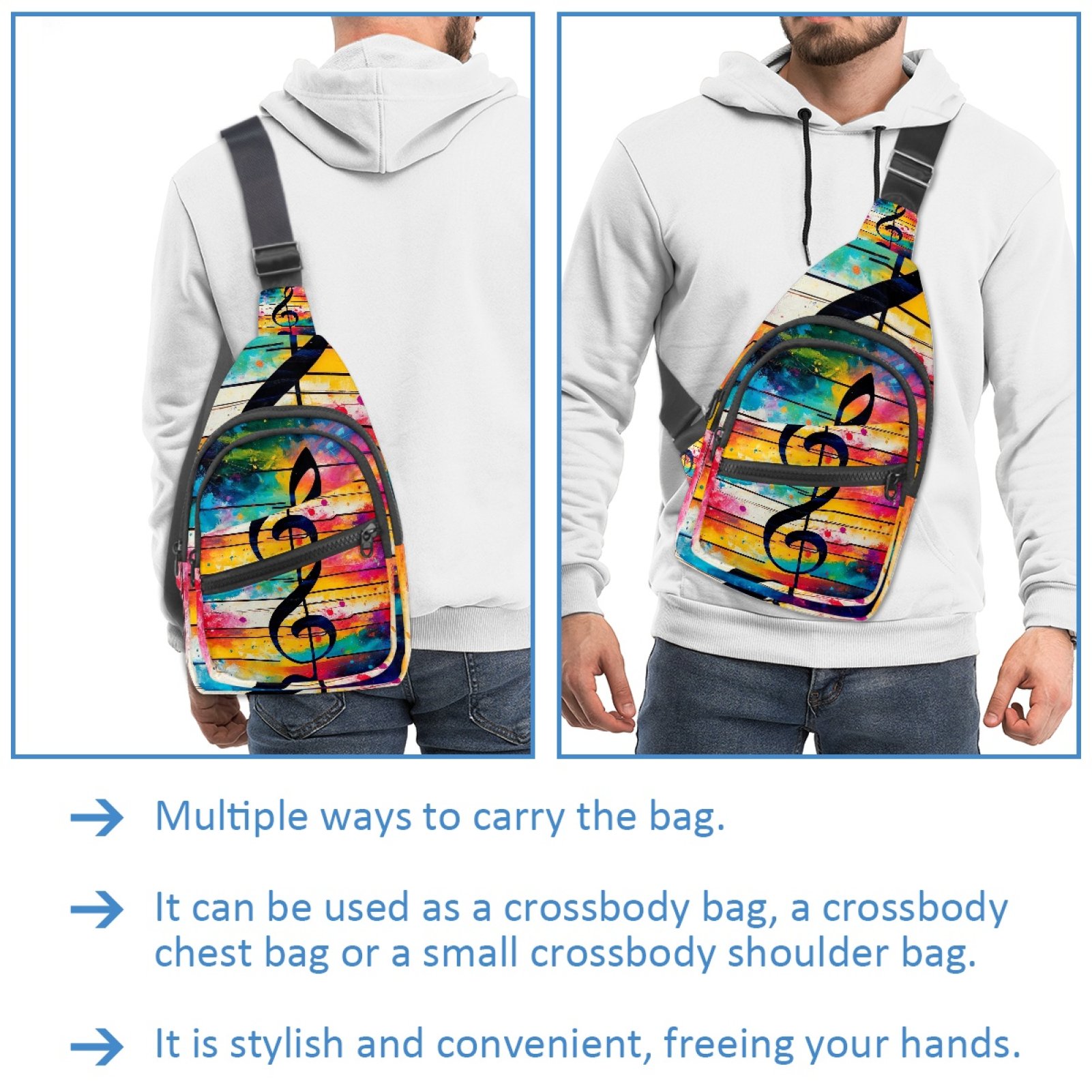 ERJLKXP Tie Dye Music Notes Small Mens Women Crossbody Chest Bag, Travel Over Shoulder Sling Bag Backpack Men Side Bag,Daypack