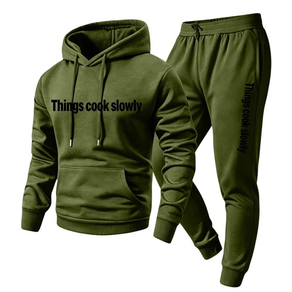 Delconic Mens Two Piece Fleece Tracksuit Set Hoodie and Straight Leg Pants with Letter Print Drawstring Hood Elastic Waist Pullover Army Green L