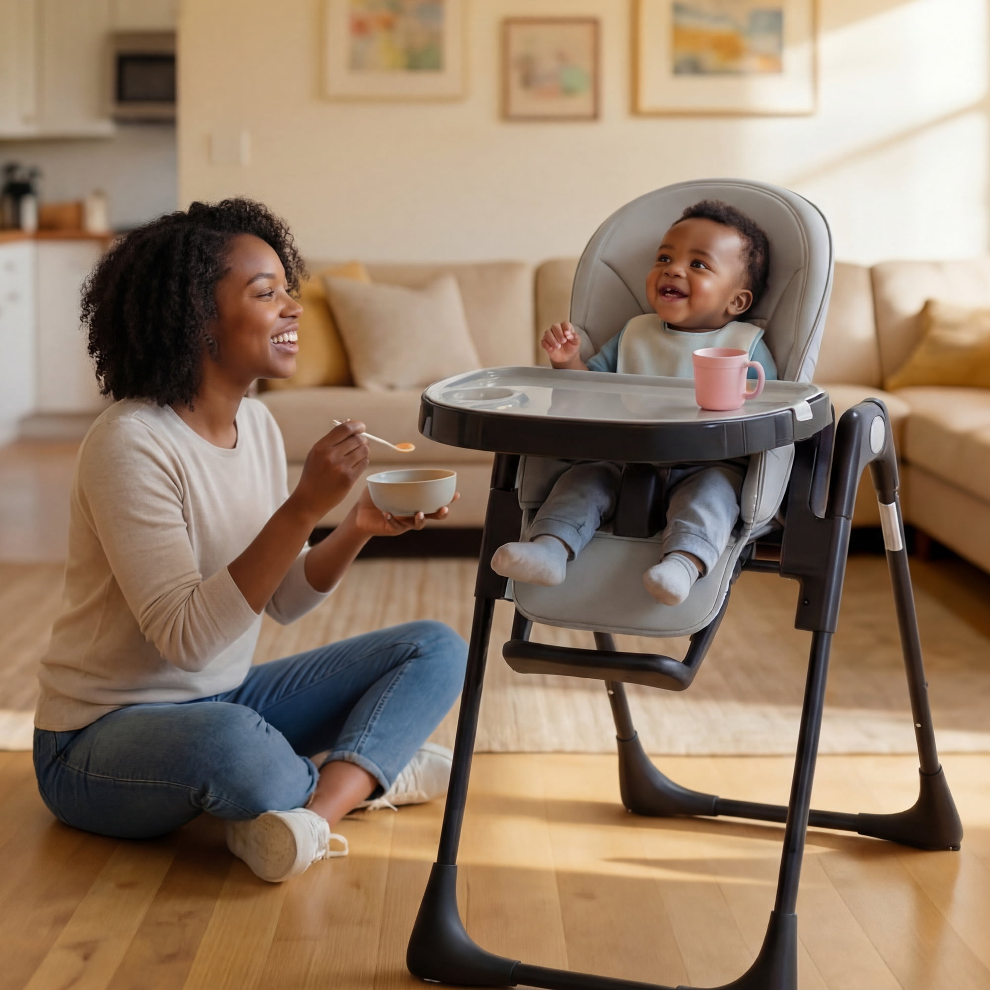 AILEEKISS Foldable High Chair for Baby, Toddler Eating Chair with Detachable Double Trays, Grey