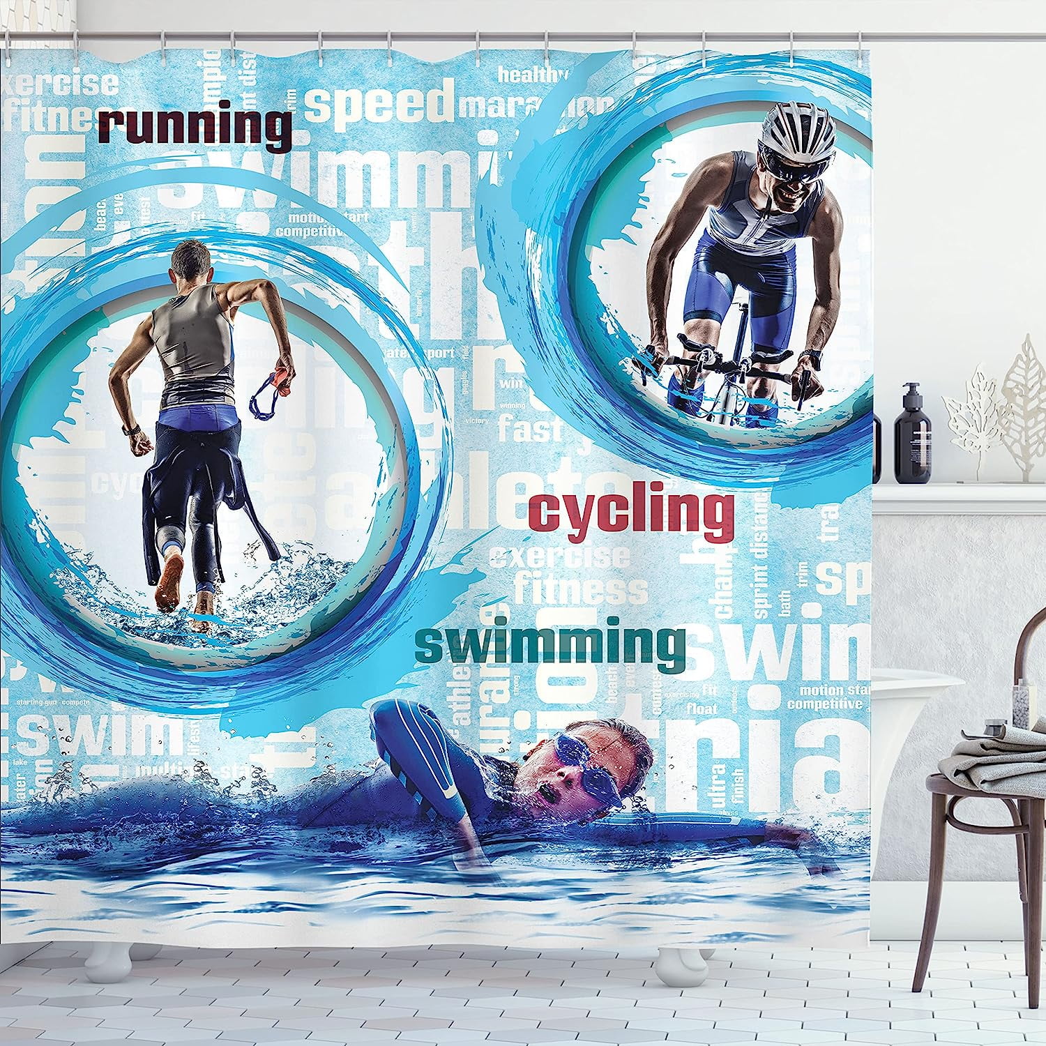 SPXUBZ Triathlon Shower Curtain, Olympics Sports Themed Composition