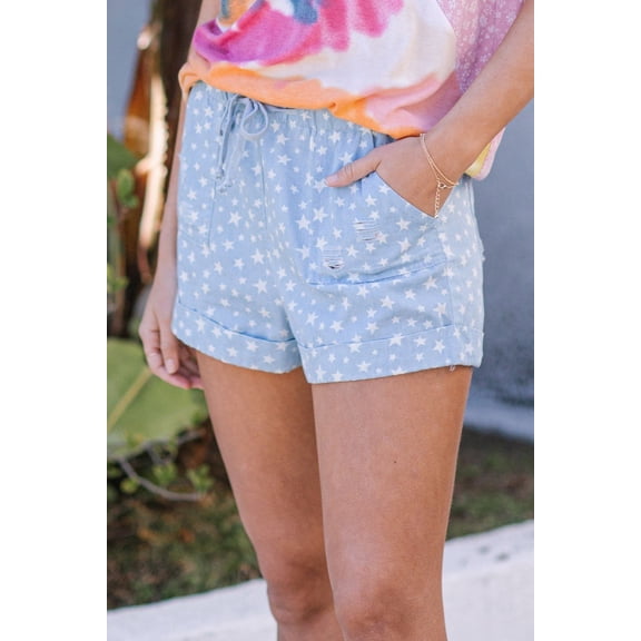 Distressed Star Printed Denim Short 1XL