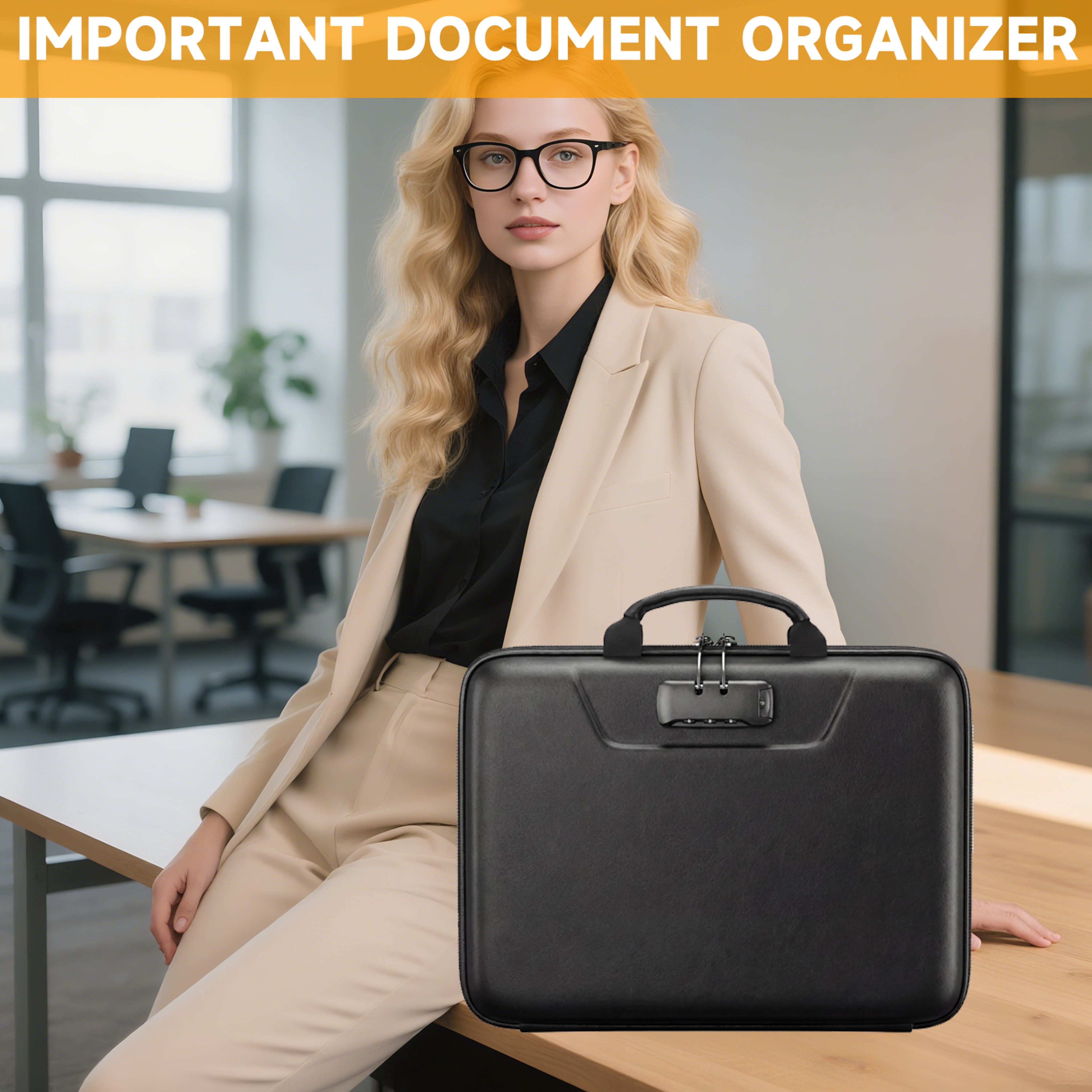 Fireproof Document Box with Lock, Hard Case Fire & Water Resistant File Organizer with 13 Pocket Accordion File Folder, Portable Home Office Safe Box for Important Documents Laptop Black