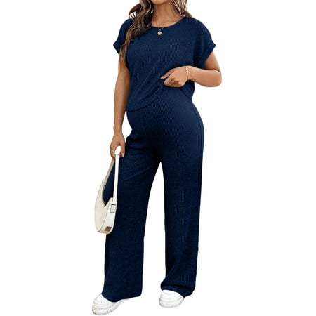 DOKOTOO Women's Maternity Sets 2 Piece Sets Ribbed Knit Short Sleeve Outfit Maternity Lounge Wear Soft Pregnant Pajamas Plus Size Sweatsuits Sets
