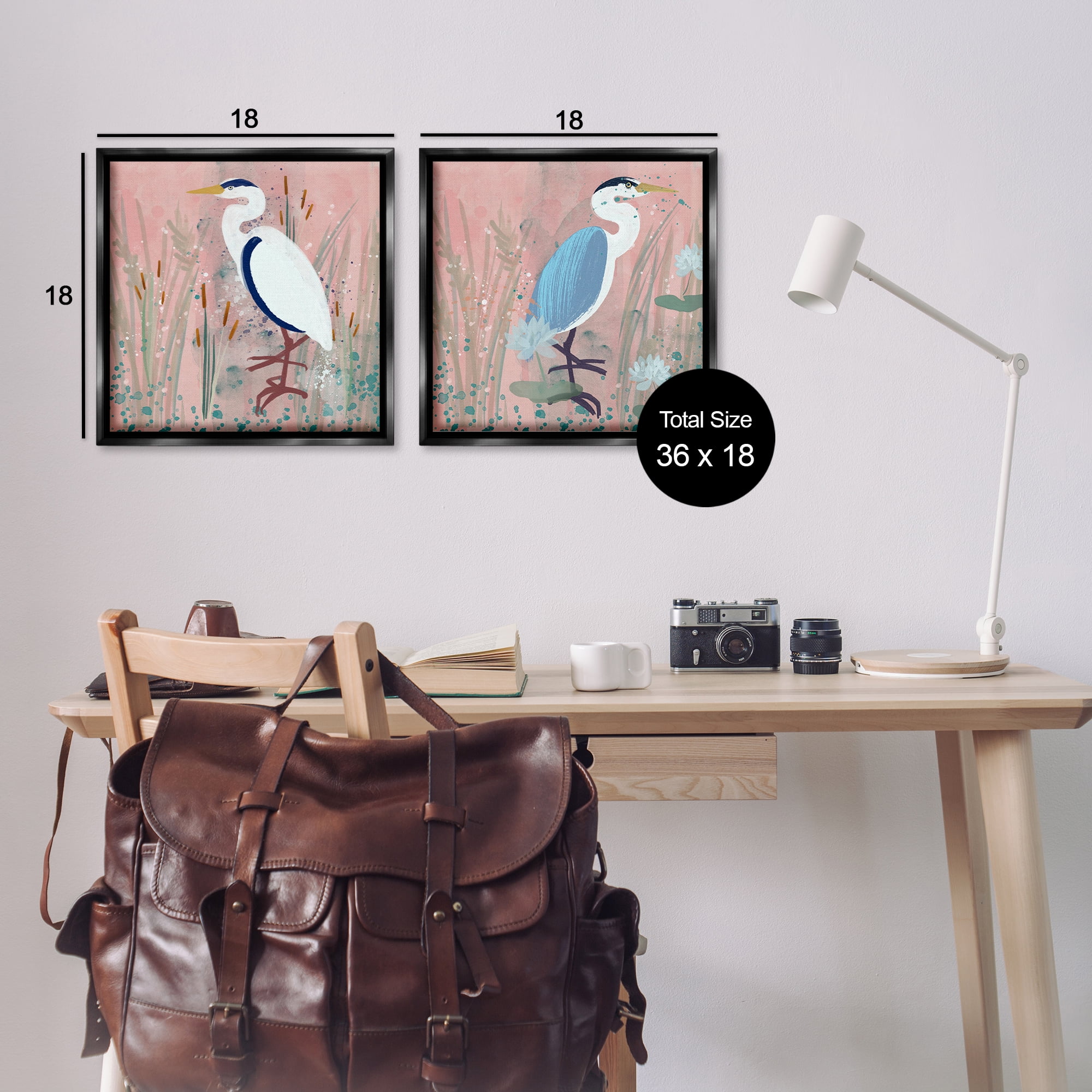 Stupell Industries Blue Heron Egret Cattail Marsh Animals Painting Black Floater Framed Canvas Art Print Wall Art, 18 x 18, Set of 2