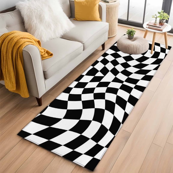 Hallway Runner Rug 2'x6', Black and White Checkered Long Non-slip Runner Rugs, Modern Irregular Geometric Washable Outdoor Indoor Throw Floor Carpet Mat for Living Room/Bedroom/Kitchen/Office/Laundry