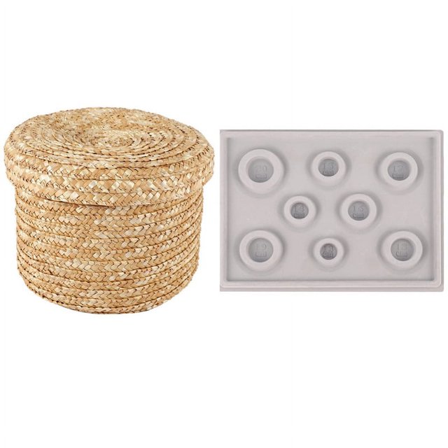 Bandeja con diseño de pulsera con cuentas flocadas, cesta de almacenamiento tejida de paja de trigo y gris, cesta de almacenamiento (mediana)