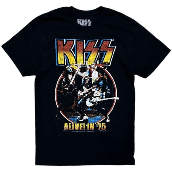 KISS Men's T-Shirt Genuine Merch Vintage Alive In 1975 Tour Distressed Print Tee (Medium, Black)