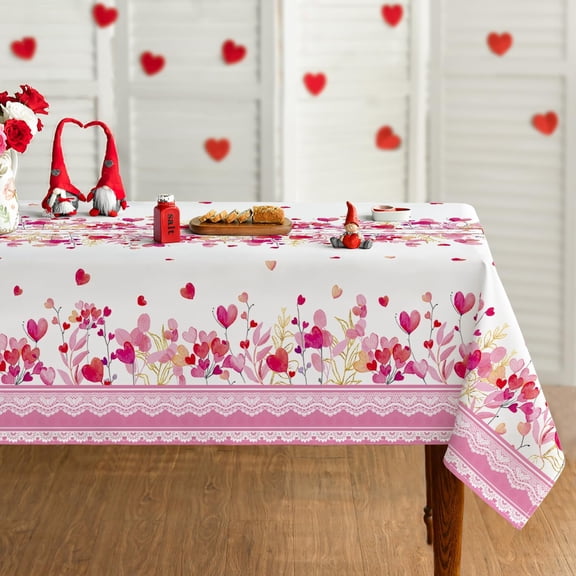 Valentine Tablecloth 60×84 Inch Rectangular, Pink Love Plants Washable Table Cover for Party Picnic Dinner Decor