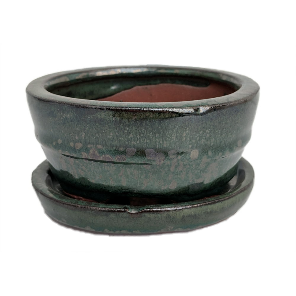 Small Ceramic Bonsai Pot plus Saucer Forest Green 4" x 3 3/8" x 2