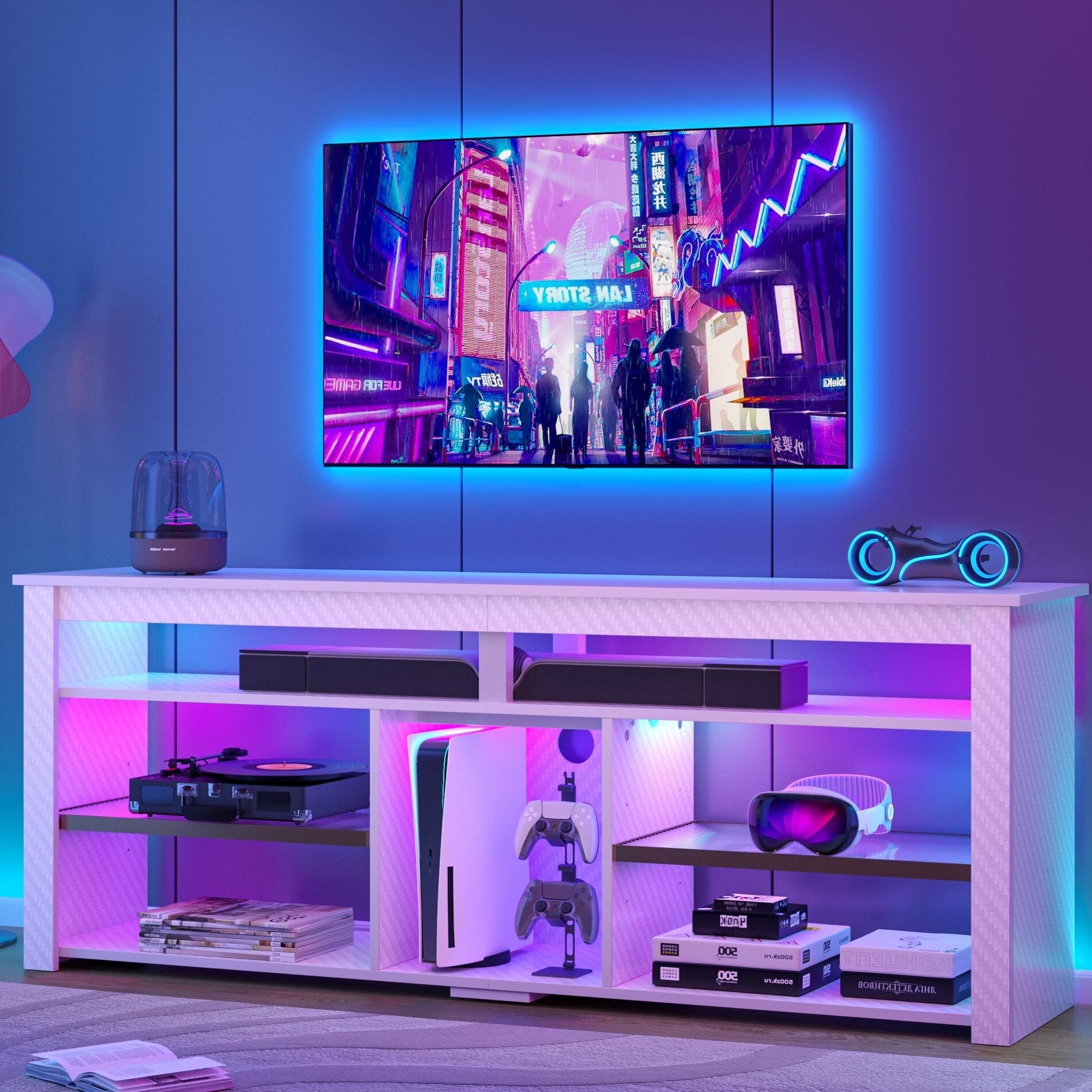 Bestier 63" Tall TV Stand with LED Lights, Entertainment Center for TV up to 70 inch, TV Console with Storage & Adjustable Shelves in White Carbon Fiber