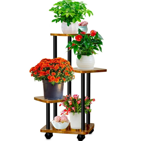 Flyclix Tiered Plant Stand Indoor - 4-Tier Corner Plant Shelf with 360° Swivel Wheels for Multiple Indoor Plants, Durable Metal Structure, Perfect Flower Holder for Home Décor, Balcony