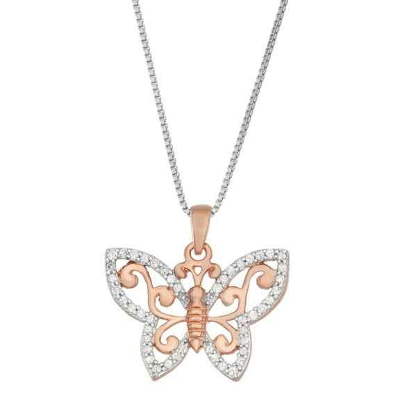 Rose Gold Over Silver And Sterling Silver 1/5 CTTW Diamond Butterfly Pendant Necklace
