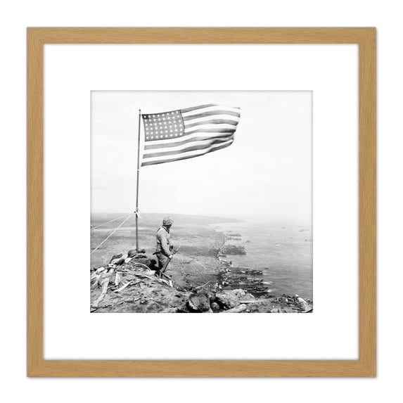 War WWII USA Soldier Suribachi Iwo Jima 1945 Photo 8X8 Inch Square Wooden Framed Wall Art Print Picture with Mount