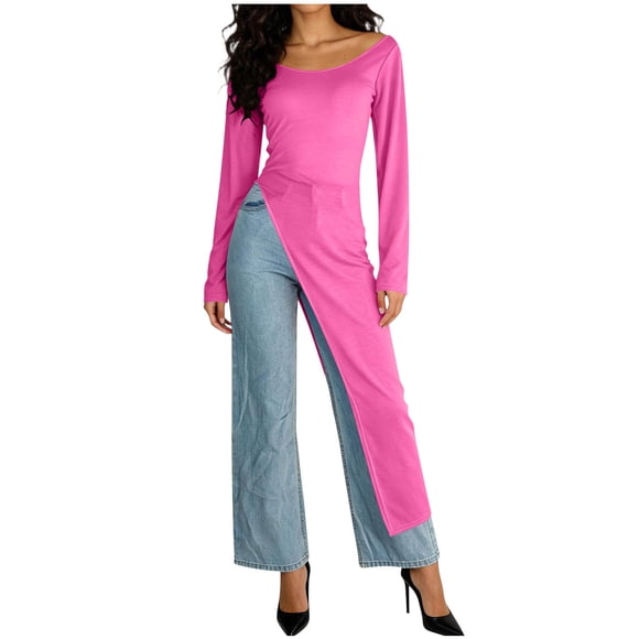 Nuoqisi Women's Long Sleeve Round Neck High Low Asymmetrical Irregular Hem Casual Solid Loose Fitted Tops Blouse Shirt Dress
