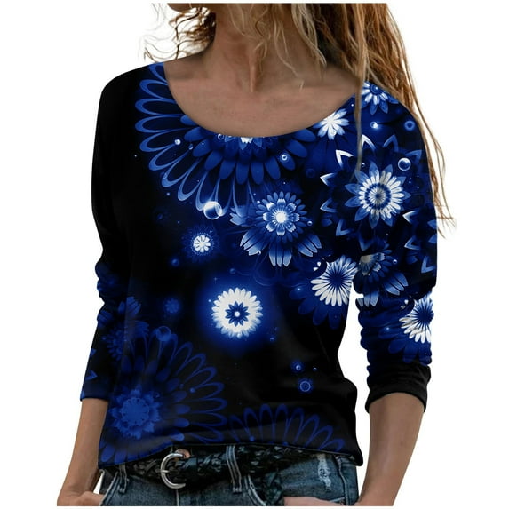 Floral Print Top for Women Round Neck Long Sleeve Top Fashion Tie Dye Top Casual Pullover Tops Thin Loose Blouse Tops