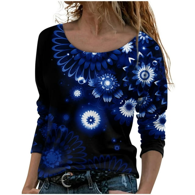 IROINID Offres T-Shirts à Manches Longues pour Femmes, Col Rond Imprimé, Ample, Automne, Blouse, Chandail, Bleu Foncé