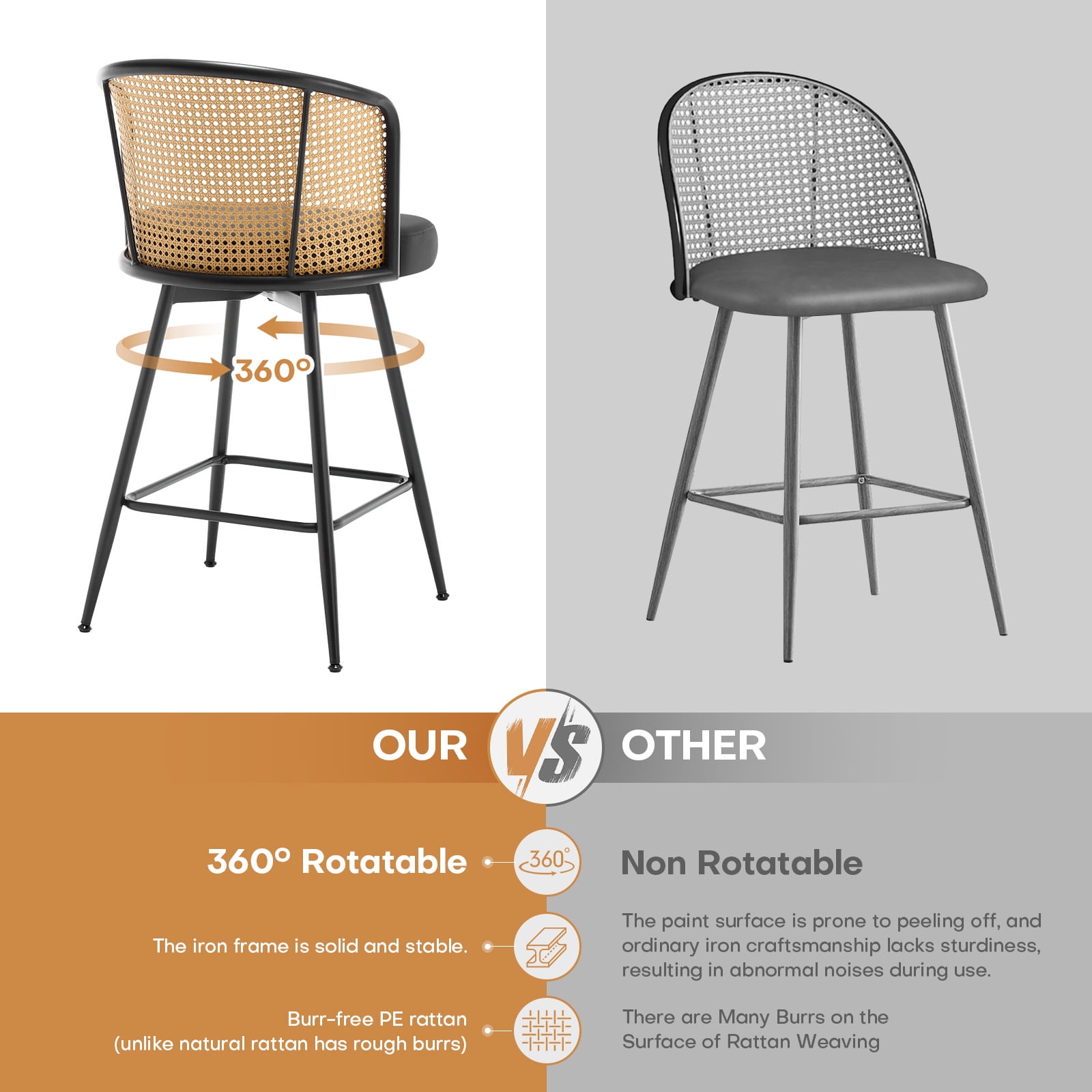 ANMINY Rattan Swivel Bar Stools Set of 3, 26" Counter Height with Rattan Back and Metal Legs, Mid-Century Modern Armless Faux Leather Barstools Seat, Upholstered Counter Stools for Kitchen Island