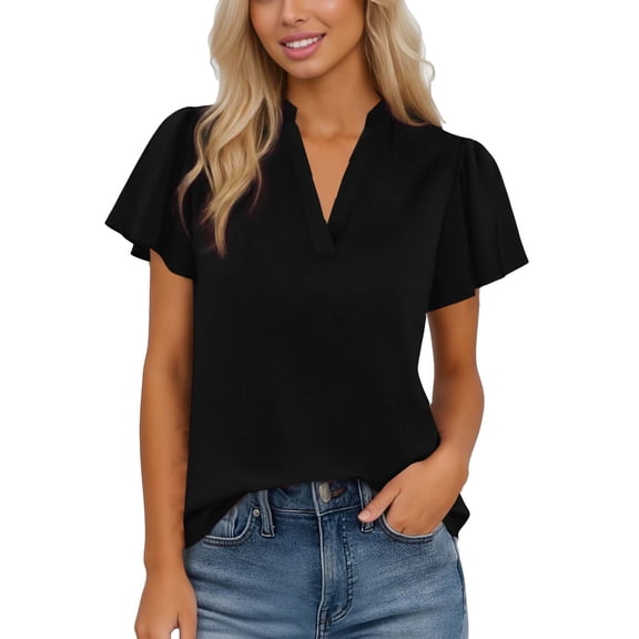 ZHYou Summer Tops for Women V Neck Cap Sleeve Business Casual Stretch Loose Fit Pullover T Shirts,Black,Size S