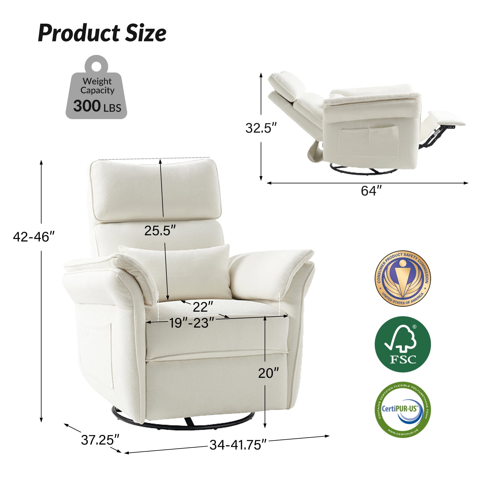 Nursery Recliner Chair Electric Power Glider Swivel Rocking with USB, Waterproof Stain-resistant, White